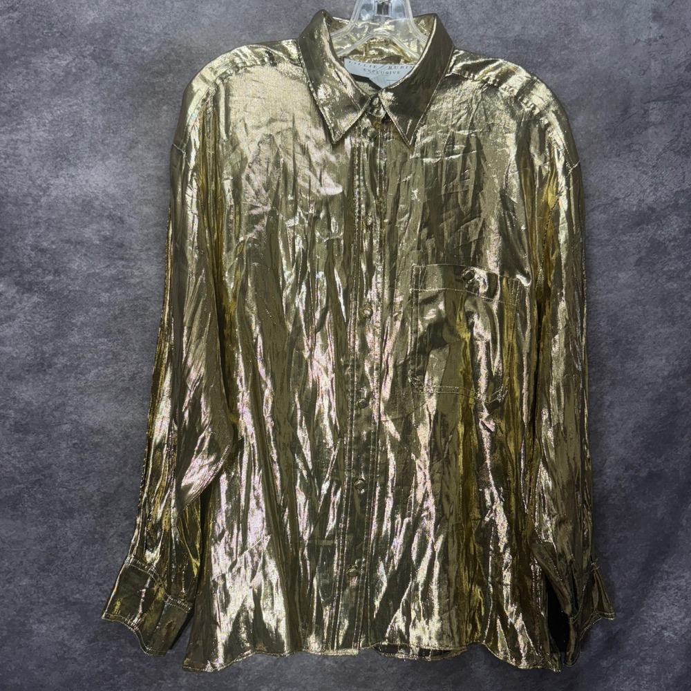 Vintage Lillie Rubin Gold Metallic Button Down Shirt Blouse Size 14 Shiny Disco